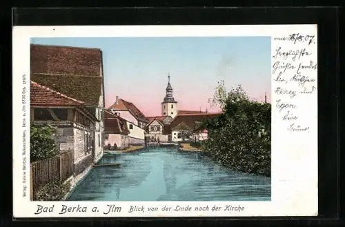 AK Bad Berka /Ilm, Blick von der Linde nach der Kirche