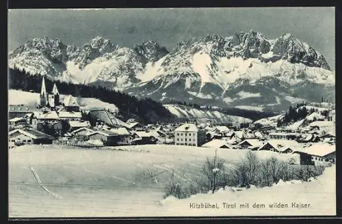 AK Kitzbühel, Blick zum verschneiten Ort mit Kaisergebirge