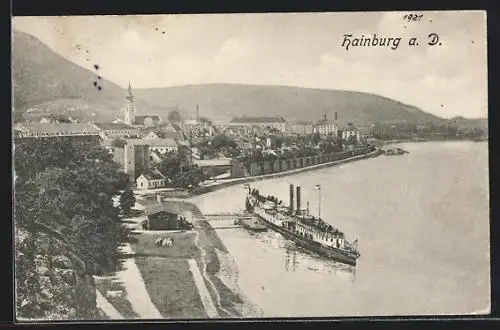 AK Hainburg /Donau, Dampferanlegestelle mit Stadtpanorama