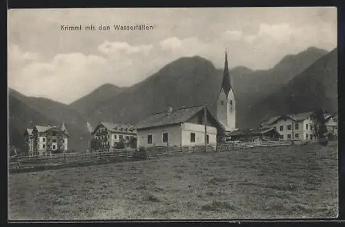 AK Krimml, Ortsansicht mit Kirche und den Wasserfällen