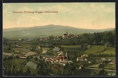 AK Friedberg-Pinggau, Ortsansicht mit Kirche gegen eine Hügellandschaft