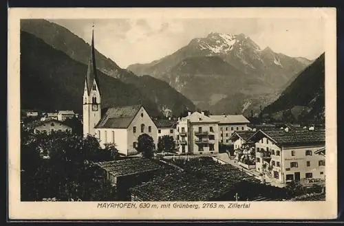 AK Mayrhofen /Zillertal, Ortsansicht mit Kirche und Grünberg