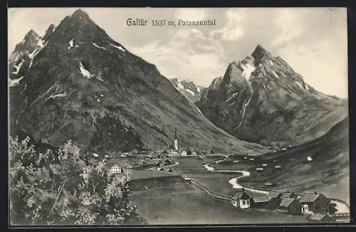 Künstler-AK Galtür /Patznauntal, Ortsansicht gegen die Berge