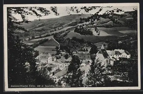 AK Edlitz /Niederdonau, Ortsansicht von einem bewaldeten Hügel aus