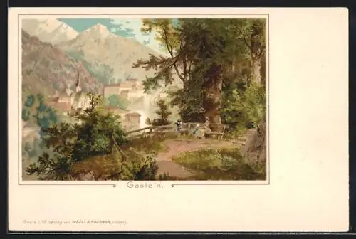 Lithographie Bad Gastein, Totalansicht vom Wanderweg aus