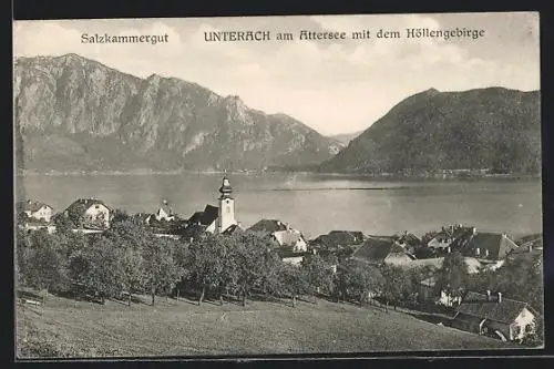 AK Unterach am Attersee, Panorama mit Höllengebirge