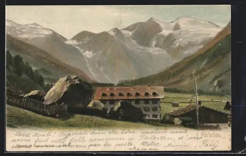 AK Ferleiten, Ortsansicht mit grossen Findlingen gegen die Alpen