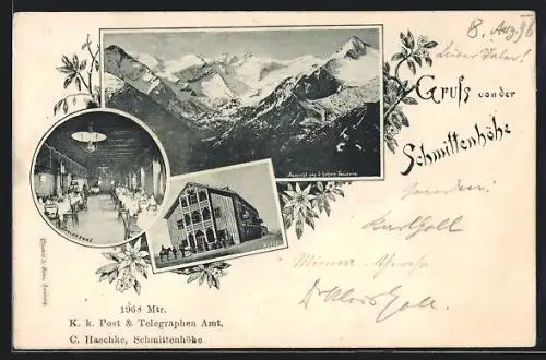 AK Schmittenhöhe, Hotel mit Speisesaal und Gästen, Aussicht gegen d. hohen Tauern