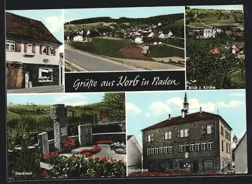 AK Korb /Baden, Blick zur Kirche, Denkmal, Schulhaus