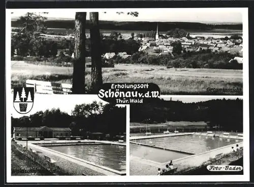 AK Schönau / Thür. Wald, Gesamtansicht und das Waldschwimmbad