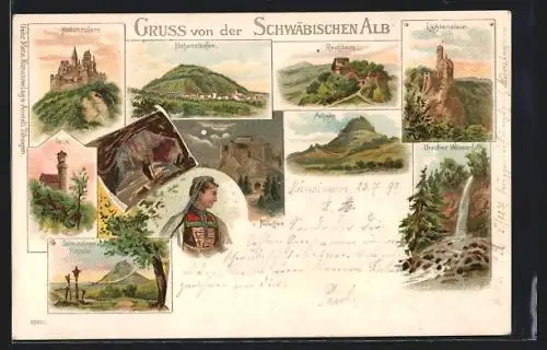 Lithographie Lichtenstein / Bärbele, Hohenzollern, Hohenstaufen, Uracher Wasserfall, Teck, Neuffen, Salmandinger Kapelle