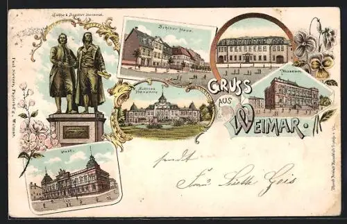 Lithographie Weimar / Thür., Goethe & Schiller-Denkmal, Schloss Belvedere, Post, Museum
