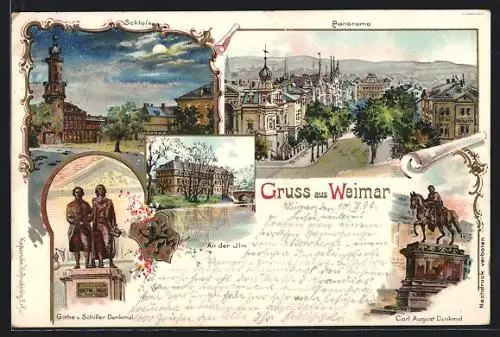Lithographie Weimar / Thür., Schloss, Panorama, An der Ilm, Carl-August-Denkmal
