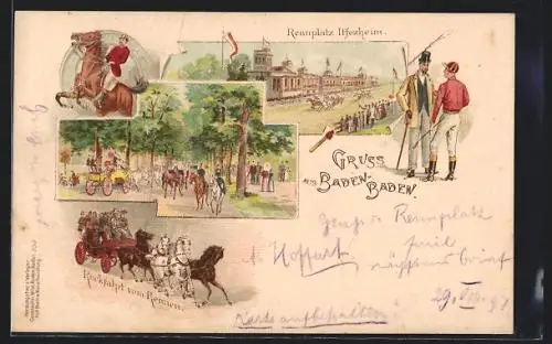 Lithographie Iffezheim, Badener Jubiläums-Rennen 1898, Rückfahrt vom Rennen, Herr und Jockey