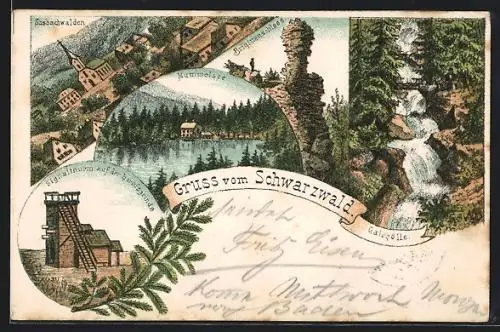 Lithographie Sasbachwalden /Schwarzwald, Ortsansicht, Brigittenschloss, Mummelsee, Gaishölle