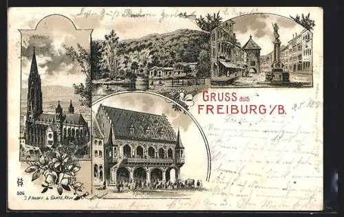 Lithographie Freiburg i. B., Münster, Waldsee, Kaufhaus