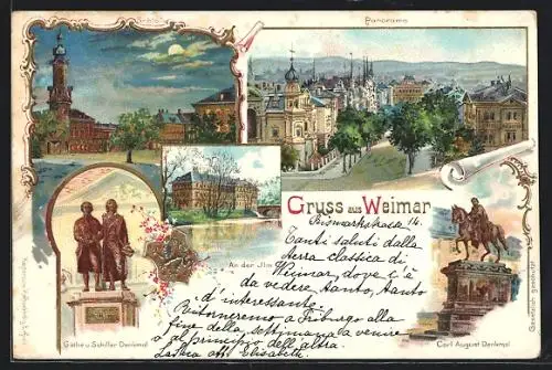 Lithographie Weimar / Thür., Schloss, Panorama, An der Ilm, Carl-August-Denkmal
