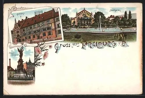 Lithographie Freiburg i. B., Rathhaus, Sieges-Denkmal, Wasseranlage im Stadtgarten