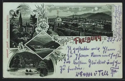 Mondschein-Lithographie Freiburg i. B., Ansicht von der Loretto-Kapelle, Münster, Güntersthal, Waldsee