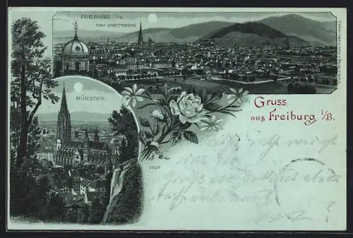 Mondschein-Lithographie Freiburg i. B., Ansicht vom Lorettoberg, Der Münster