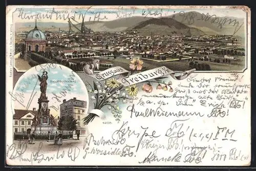 Lithographie Freiburg i. B., Ansicht vom Lorettoberg, das Siegesdenkmal