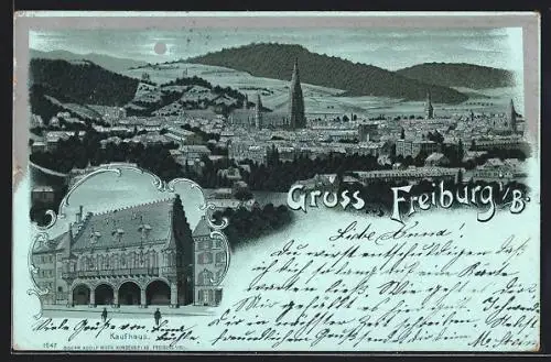 Mondschein-Lithographie Freiburg i. B., Gesamtansicht, Partie am Kaufhaus