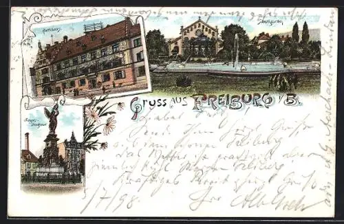 Lithographie Freiburg i. B., Der Stadtgarten, das Rathhaus, Siegesdenkmal