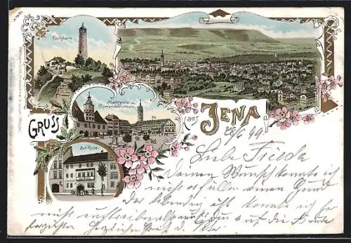 Lithographie Jena, Fuchsturm, Marktplatz m. Bismarckbrunnen, Zur Rose, Gesamtansicht