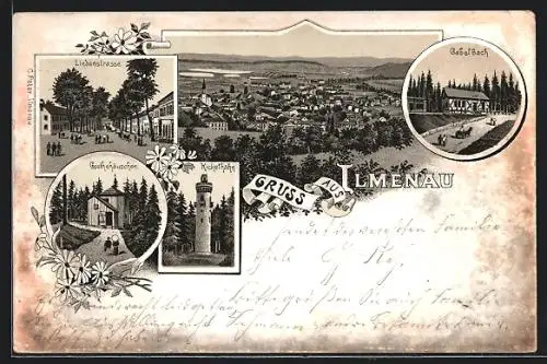 Vorläufer-Lithographie Ilmenau, 1894, Lindenstrasse, Goethehäuschen, Kickelhahn, Gabelbach