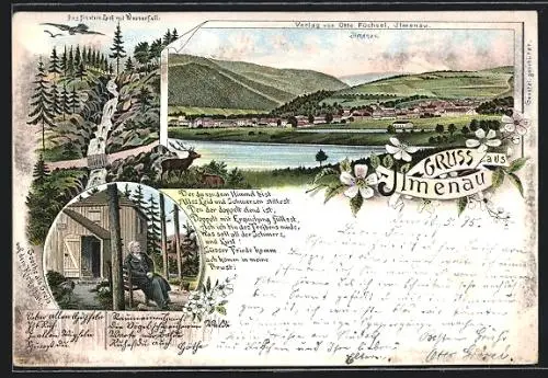 Vorläufer-Lithographie Ilmenau, 1895, Gesamtansicht, Das finstere Loch mit Wasserfall, Goethe als Greis