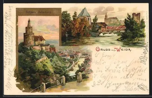 Lithographie Weida / Thür., Schloss Osterburg, Partie mit Brücke