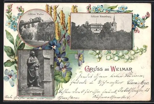 AK Weimar / Thür., Schloss Ettersburg, Schloss Tiefurt, Herder-Denkmal, im floralen Passepartout