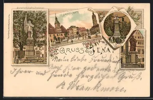 Lithographie Jena, Burschenschafts-Denkmal, Rathaus und Markt, Fritz Reuter-Denkmal