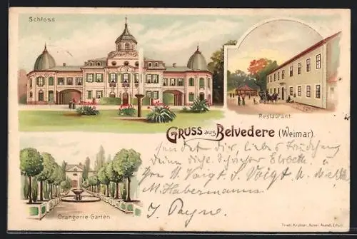 Lithographie Weimar / Thür., Schloss, Orangerie-Garten, Restaurant Belvedere