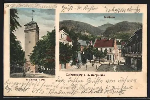 AK Zwingenberg a. d. Bergstrasse, Strassenpartie mit Blick auf Melibokus, Melibokus-Turm