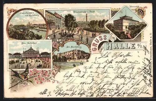 Lithographie Halle a. S., Blick auf Giebichenstein, Promenade, Post, Universität und Moritzburg