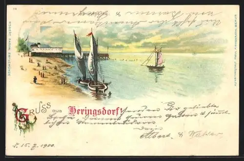 Lithographie Heringsdorf / Seebad, Strandpartie mit Segelbooten