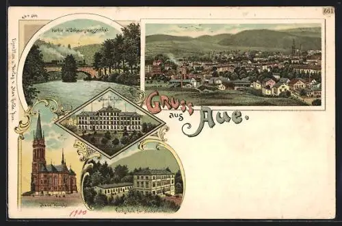 Lithographie Aue / Sachsen, Neue Kirche, Fachschule für Blecharbeiter, Neue Schule, Schwarzwasserfall