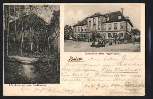 AK Rodach, Pfarrhaus mit alter Stadtmauer, Schulhaus