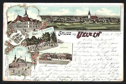 Lithographie Uelzen, Bahnhof, Rathaus & Kirche, Fischerhof, Kaiserl. Postamt