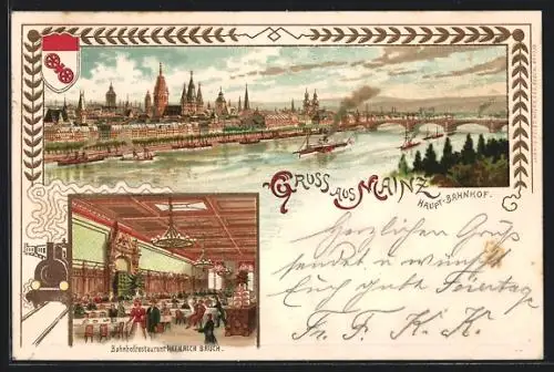 Lithographie Mainz, Bahnhofsrestaurant Heinrich Bruch, Ortsansicht