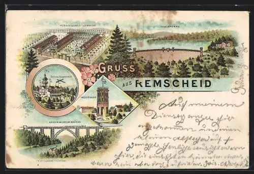 Lithographie Remscheid, Restaurant Schloss Küppelstein, Ausstellungs-Gebäude, Wasserturm, Thalsperre