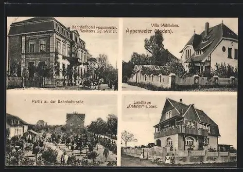 AK Appenweier /Baden, Bahnhofhotel Ig. Werner, Bahnhofstrasse, Villa Wohlleben und Landhaus Daheim Ebner