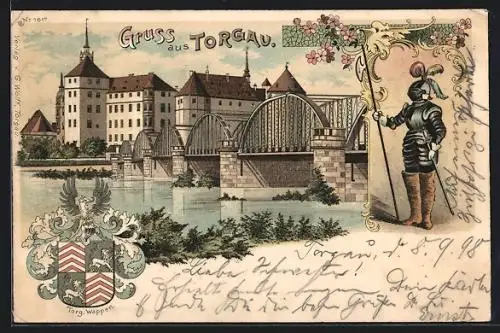 Lithographie Torgau, Elbbrücke und Schloss, Torgauer Wappen, Ritter in Rüstung