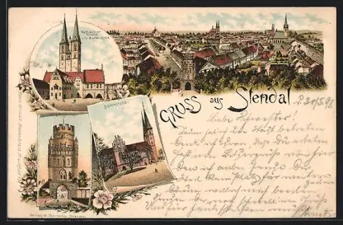 Lithographie Stendal, Domkirche, Rathaus mit Roland u. St. Marienkirche, Ünglinger Tor