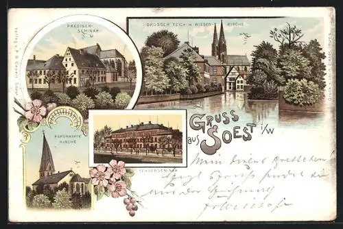 Lithographie Soest i. W., Prediger Seminar, Grosser Teich, Lehrerseminar und Refomierte Kirche