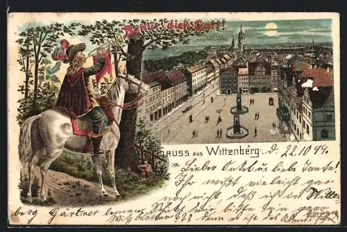 Lithographie Wittenberg / Elbe, Teilansicht bei Mondschein, Trompeter auf Schimmel, Behüt dich Gott