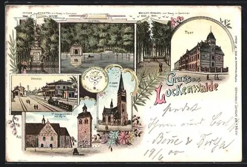 Lithographie Luckenwalde, Bahnhof, Post, St. Johanniskirche mit Thurm