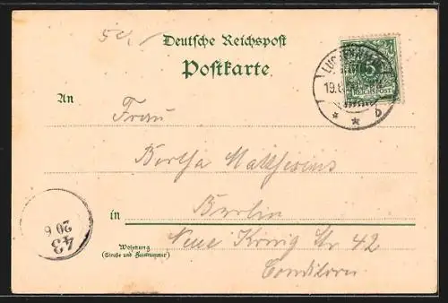 Lithographie Luckenwalde, Bahnhof, Post, St. Johanniskirche mit Thurm