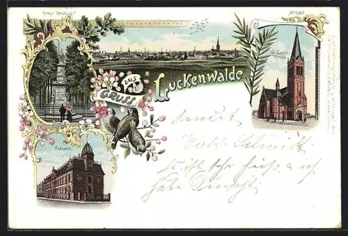 Lithographie Luckenwalde, Krieger Denkmal, Postamt, Gesamtansicht